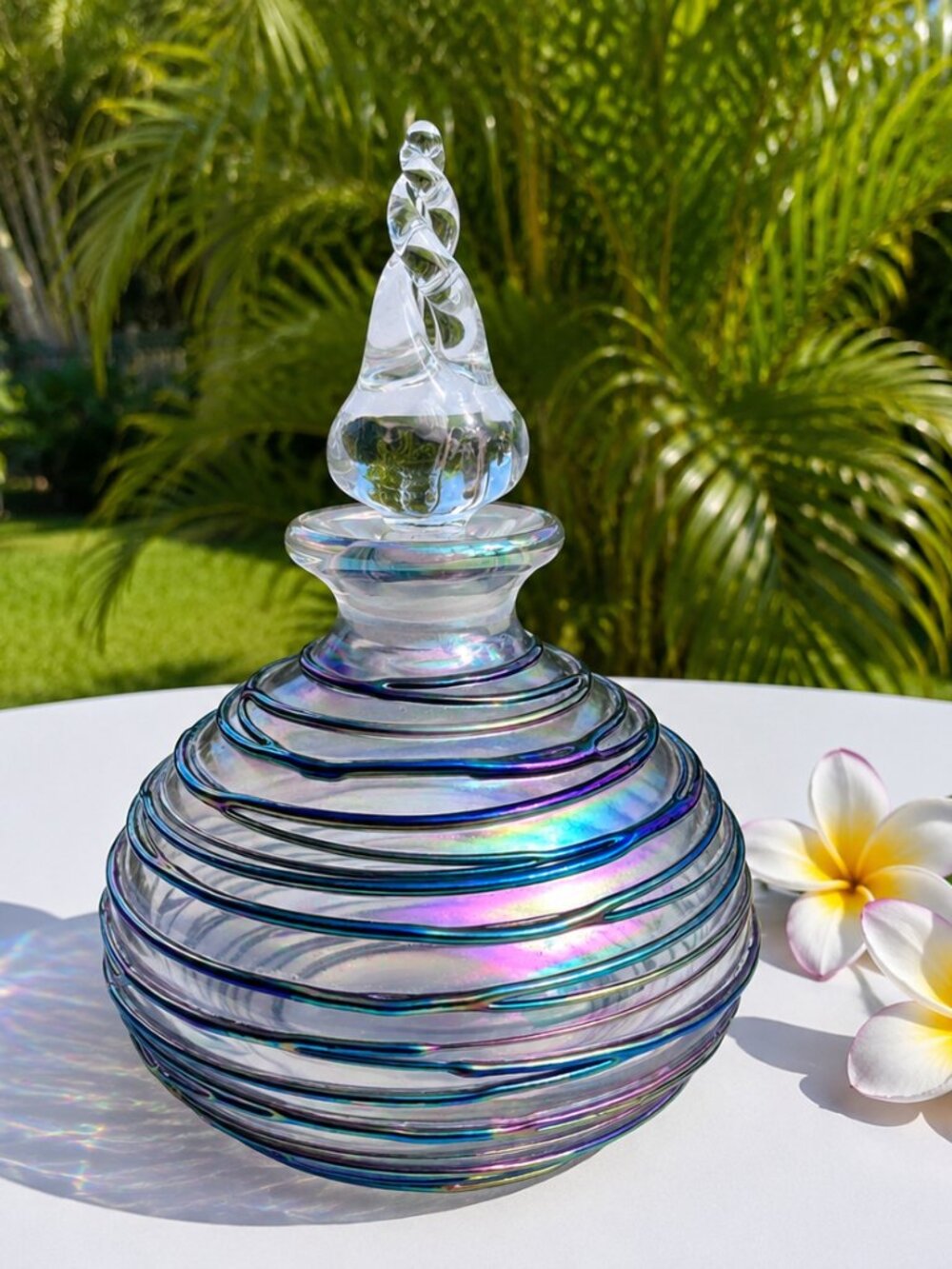 Art Glass Iridescent Rainbow Applied Swirl Perfume Bottle & Stopper Gorgeous!